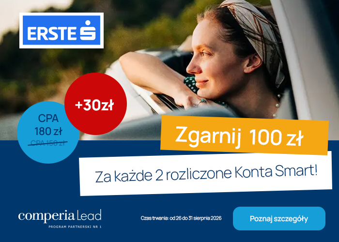 Promuj Erste Bank Polska. Odbierz 100 zł za każde 2 rozliczone Konta Smart oraz CPA 180 zł + 30 zł